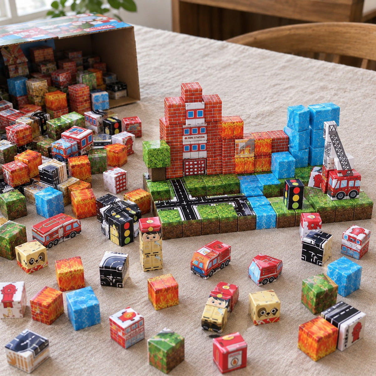 Fire Station magnetic cubes spread on the table, build in progress