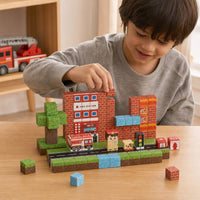 Child building the Fire Station set with magnetic cubes