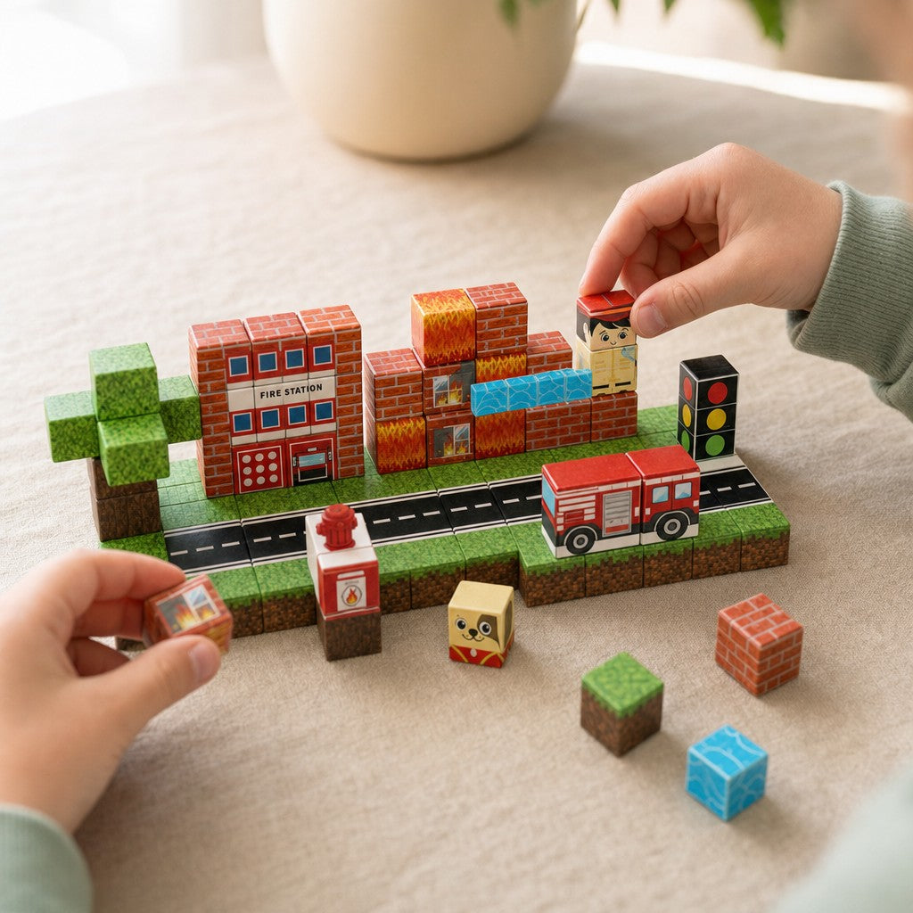 Child's hands building the Fire Station magnetic cube set