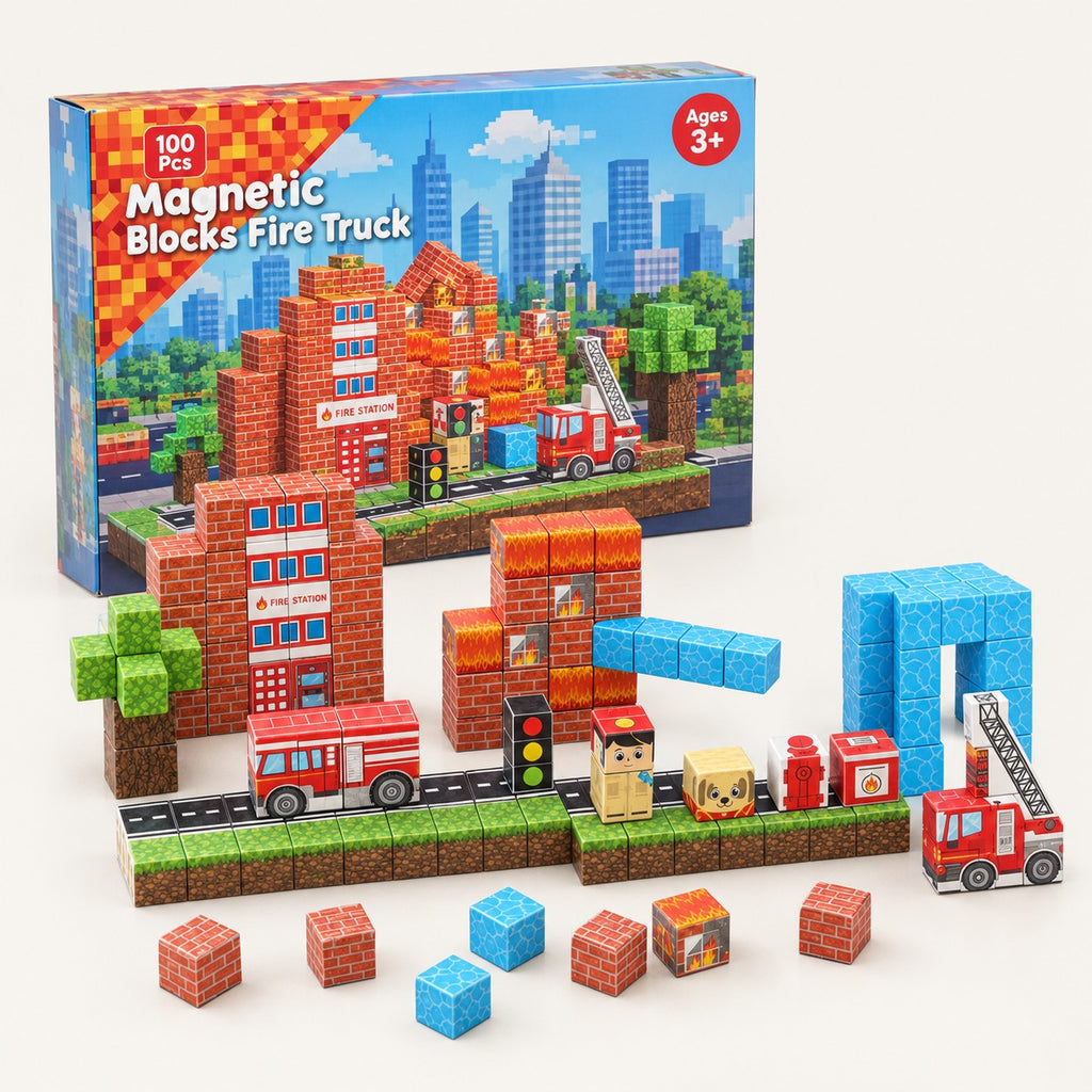 Fire Station magnetic building cubes set with its box