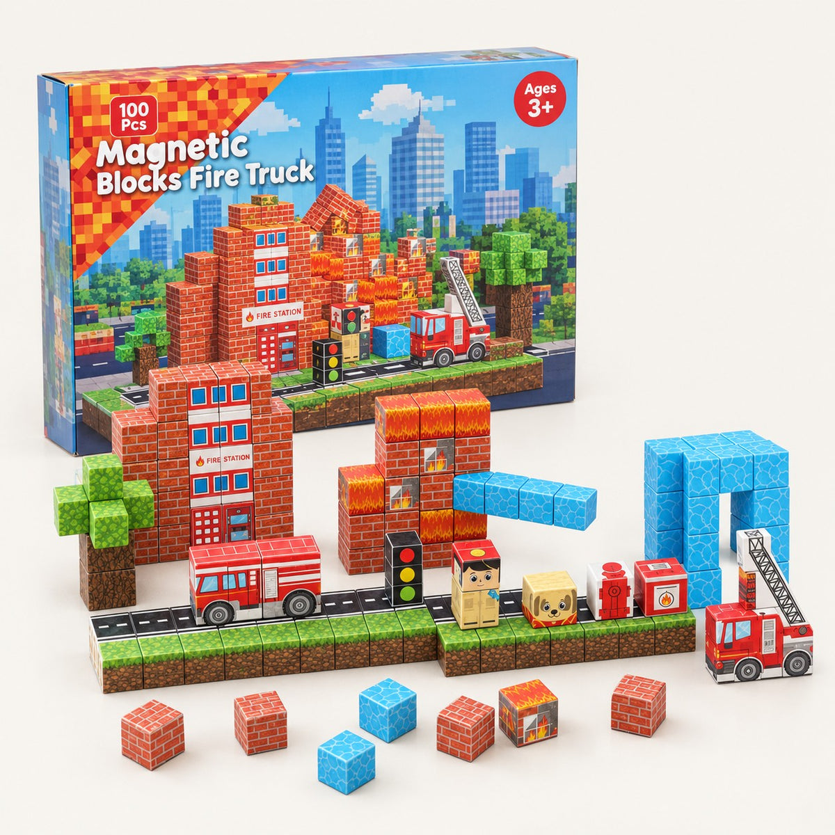 Fire Station magnetic building cubes set with its box