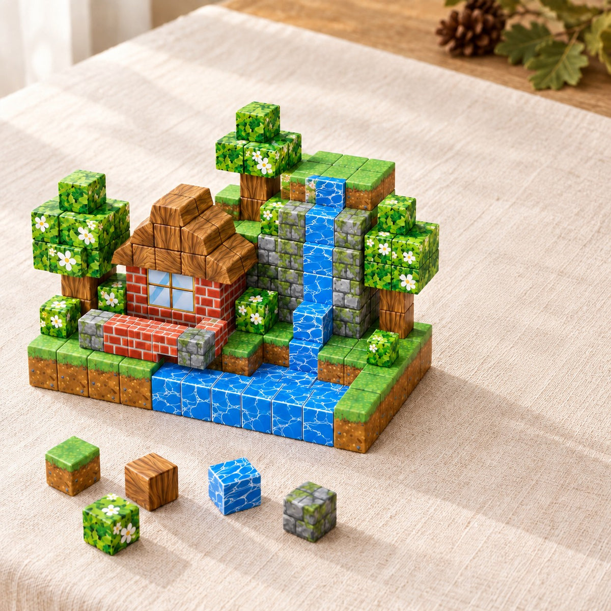 Forest Home magnetic building cubes, 120 cubes set built on a table