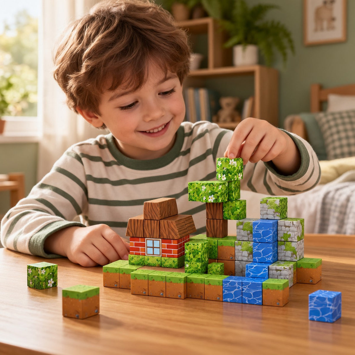 Child building the Forest Home set with magnetic cubes
