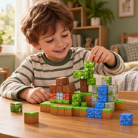 Child building the Forest Home set with magnetic cubes