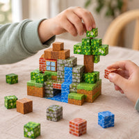 Child's hands building the Forest Home magnetic cube set