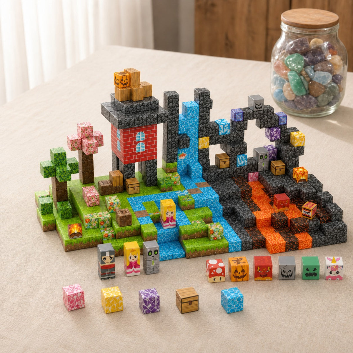 Four Realms magnetic building cubes, 208 cubes set built on a table
