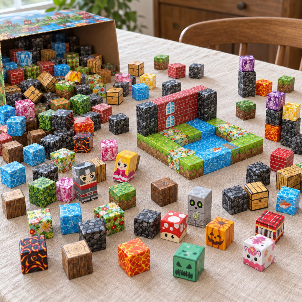 Four Realms magnetic cubes spread on the table, build in progress