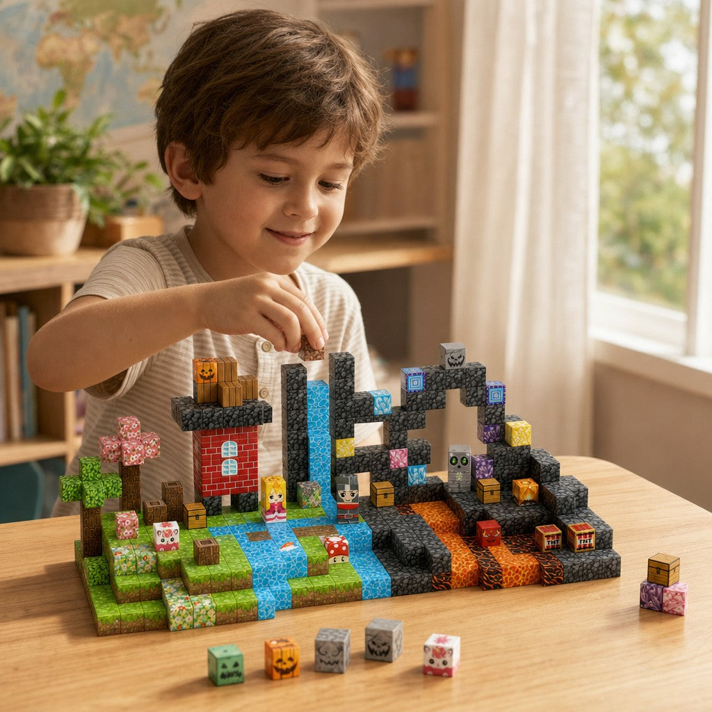 Child building the Four Realms set with magnetic cubes