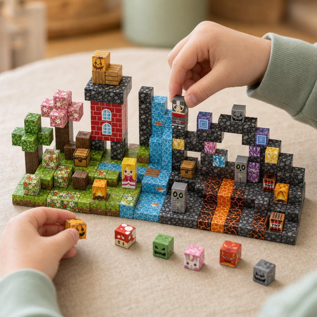 Child's hands building the Four Realms magnetic cube set