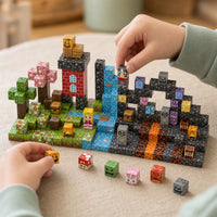 Child's hands building the Four Realms magnetic cube set