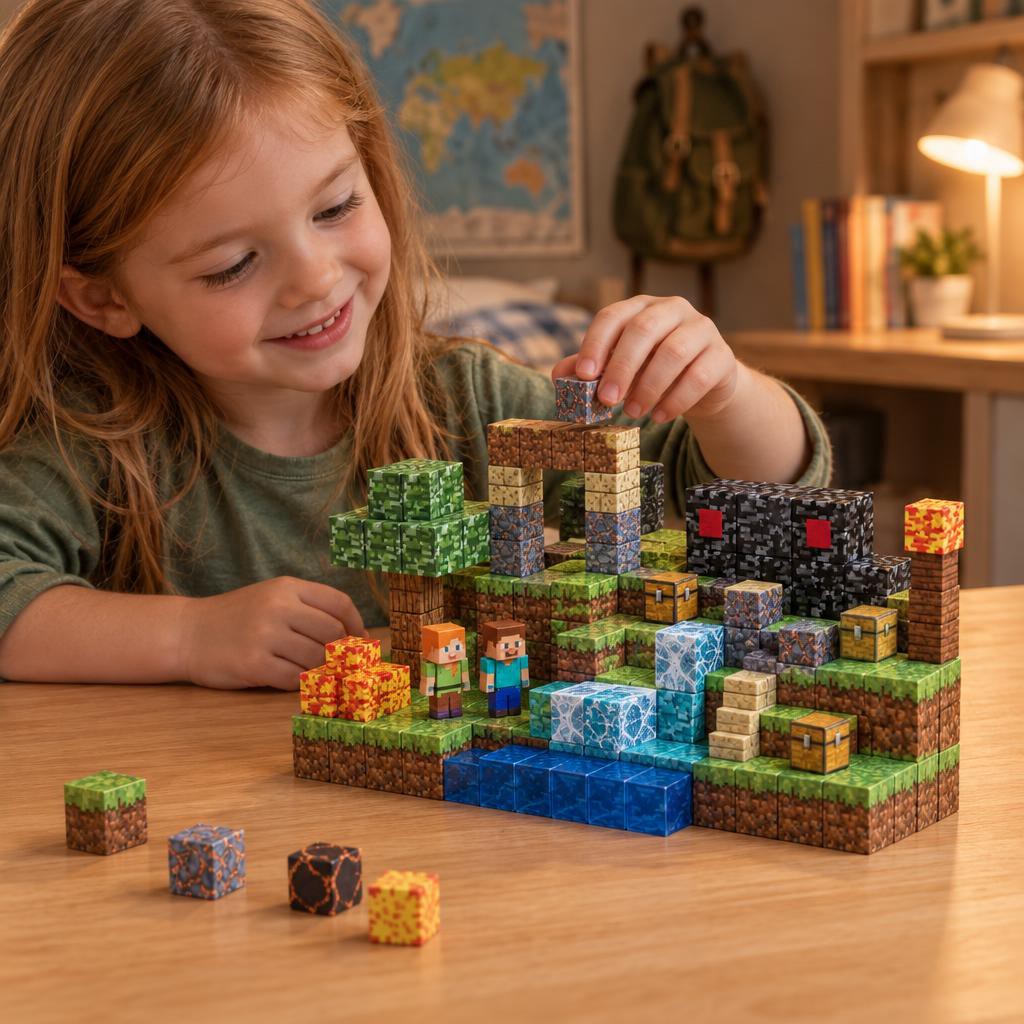 Child building the Ghost Town set with magnetic cubes