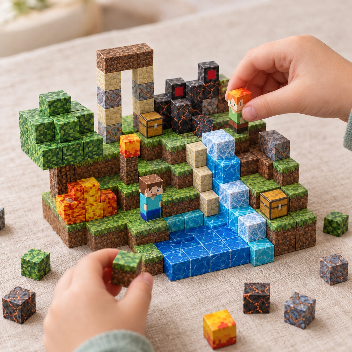 Child's hands building the Ghost Town magnetic cube set