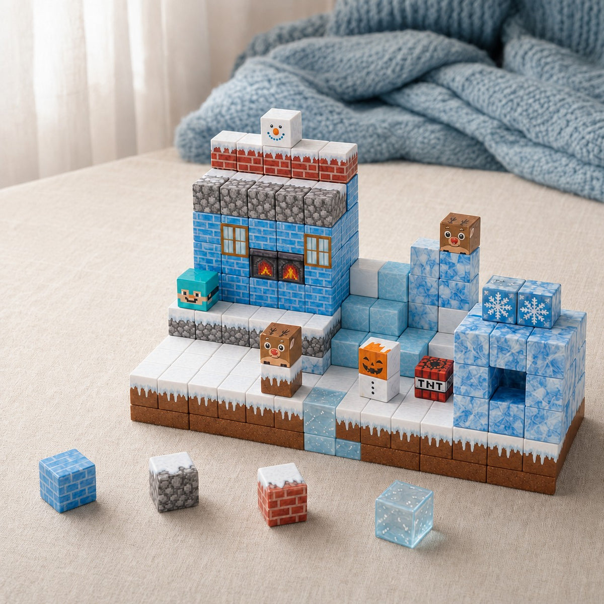 Ice World magnetic building cubes, 100 cubes set built on a table