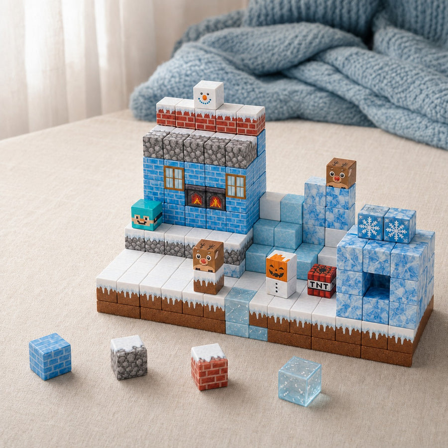 Ice World magnetic building cubes, 100 cubes set built on a table