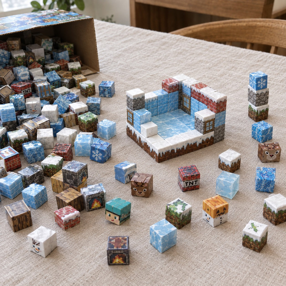 Ice World magnetic cubes spread on the table, build in progress