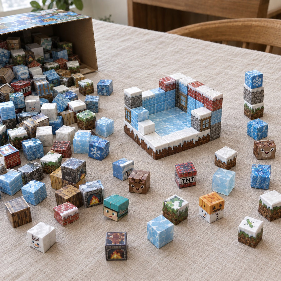 Ice World magnetic cubes spread on the table, build in progress