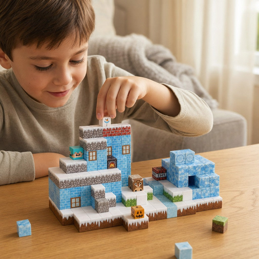 Child building the Ice World set with magnetic cubes
