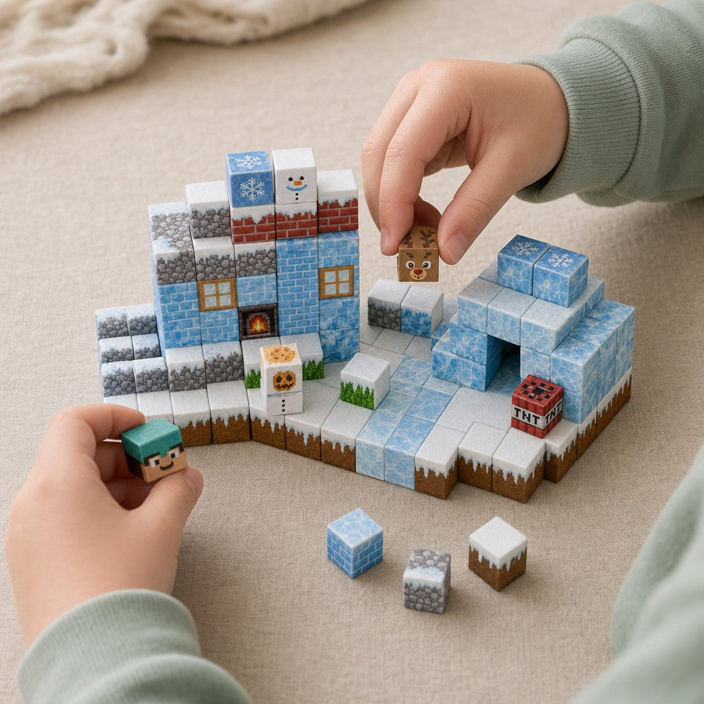 Child's hands building the Ice World magnetic cube set