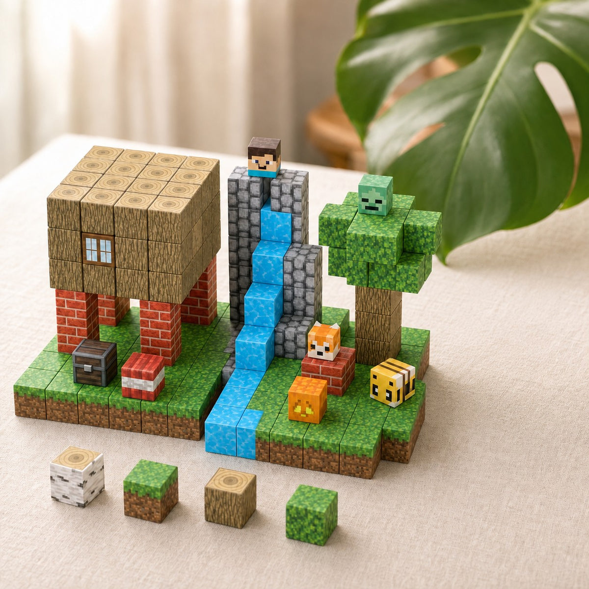 Jungle Hut magnetic building cubes, 100 cubes set built on a table