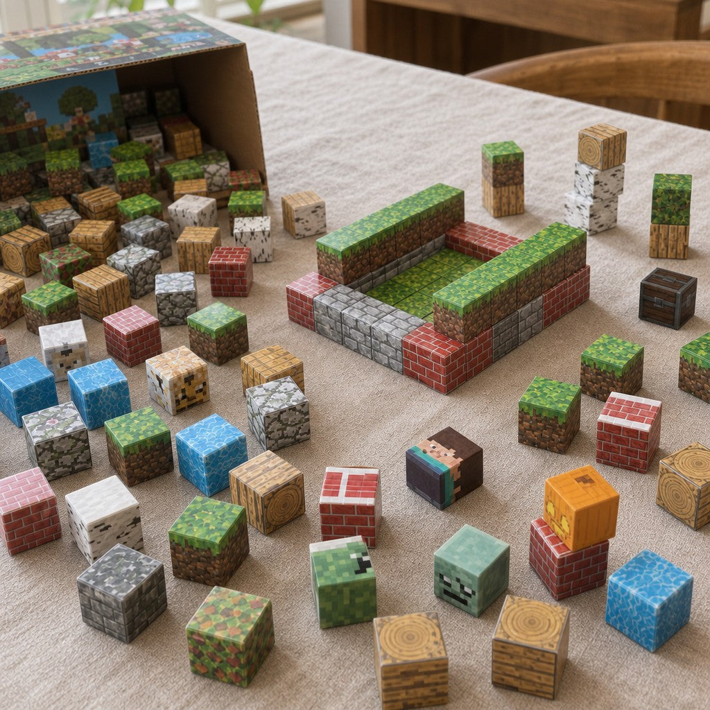 Jungle Hut magnetic cubes spread on the table, build in progress