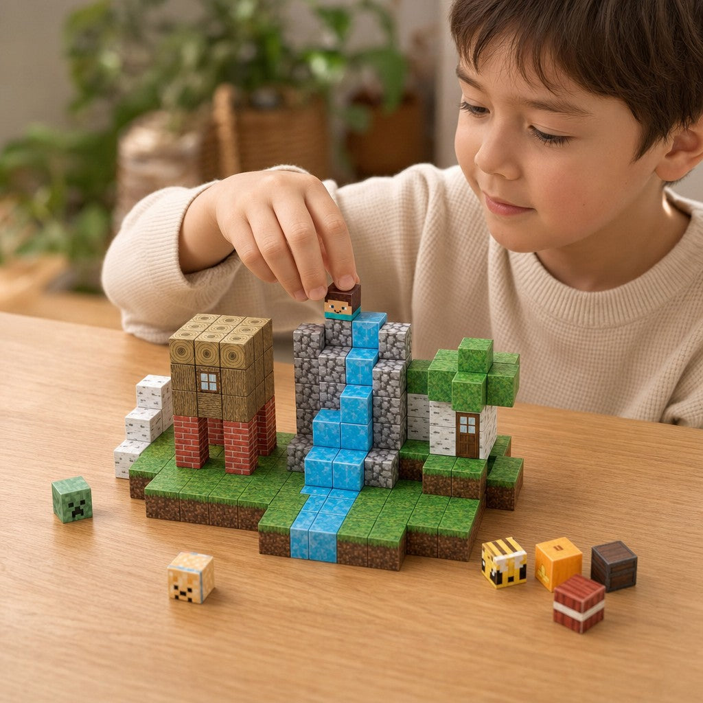 Child building the Jungle Hut set with magnetic cubes