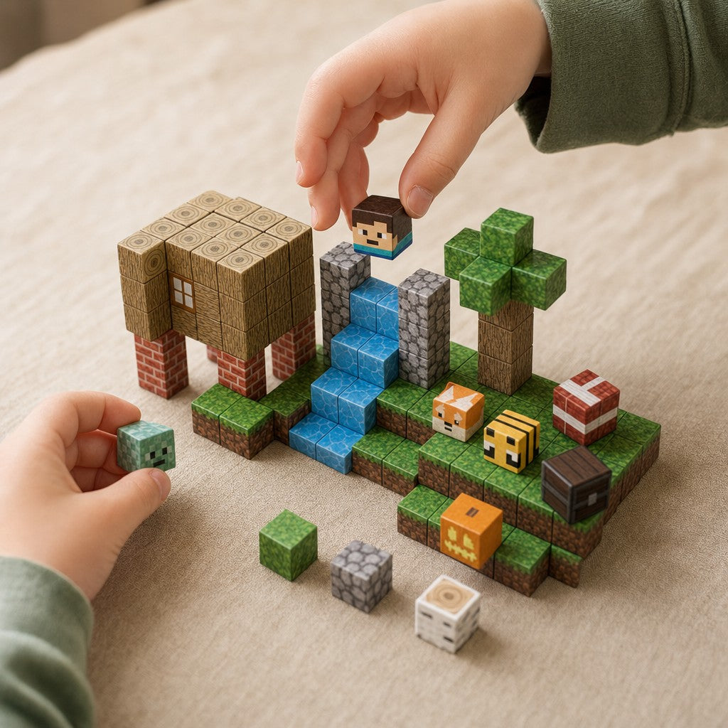 Child's hands building the Jungle Hut magnetic cube set