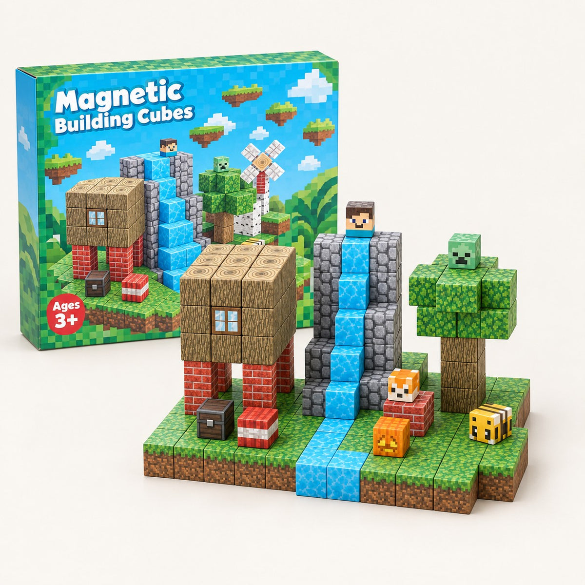 Jungle Hut magnetic building cubes set with its box