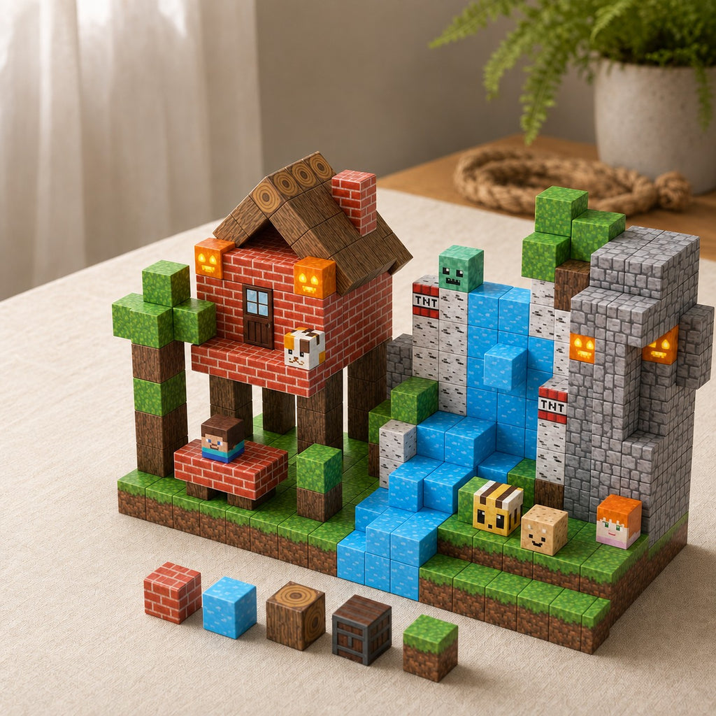 Jungle Tribe magnetic building cubes, 150 cubes set built on a table