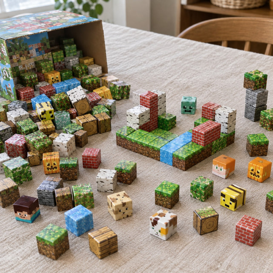 Jungle Tribe magnetic cubes spread on the table, build in progress