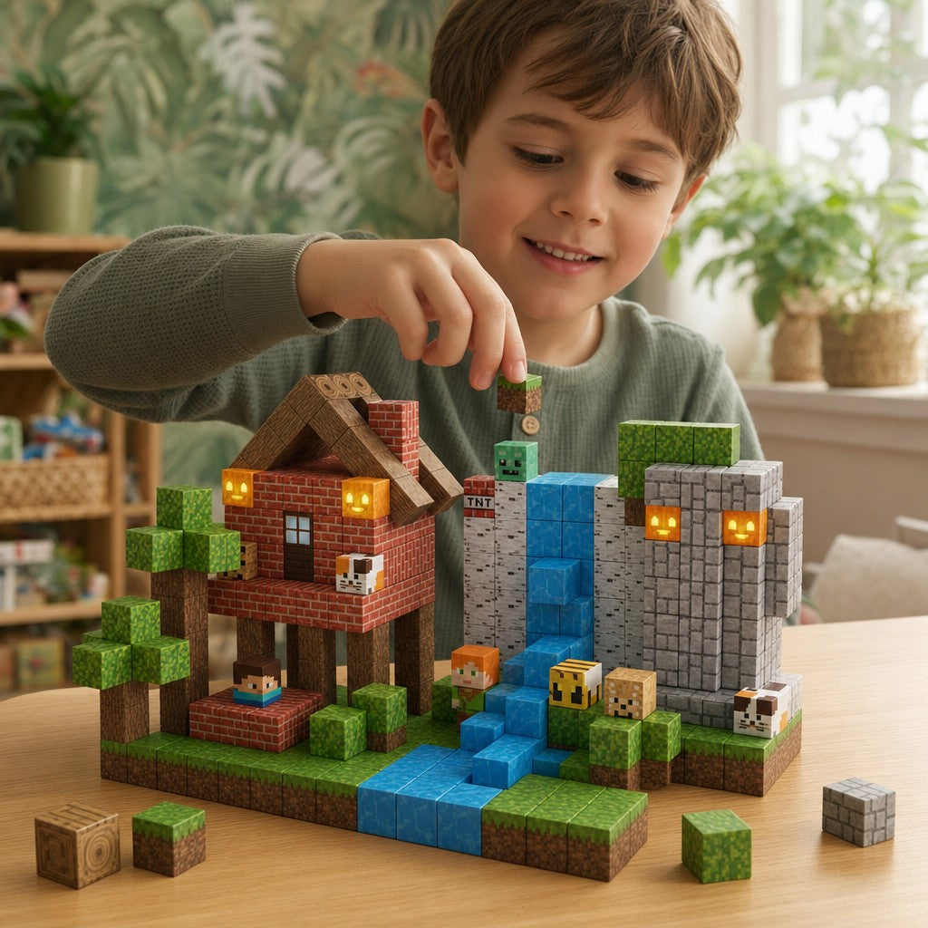 Child building the Jungle Tribe set with magnetic cubes