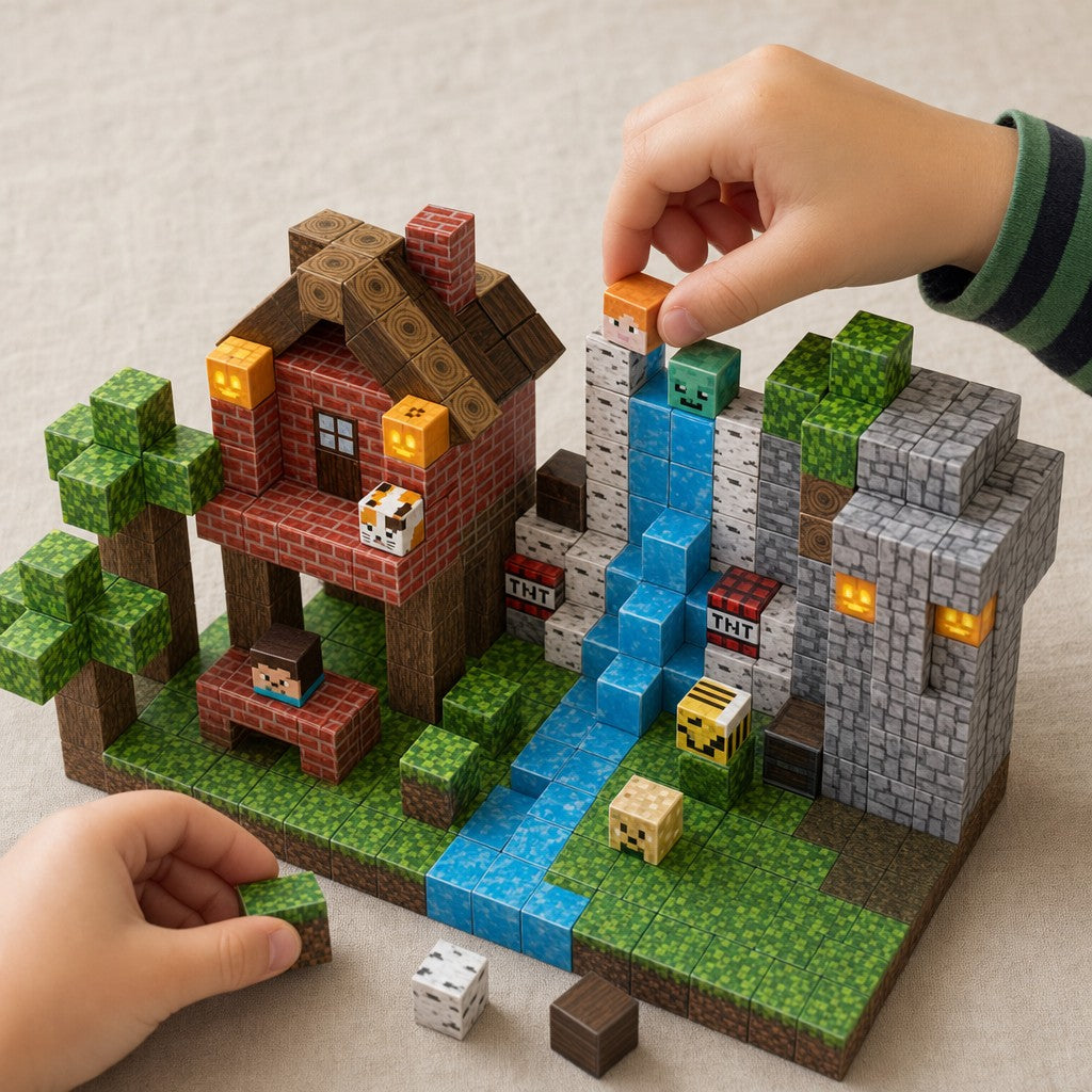 Child's hands building the Jungle Tribe magnetic cube set