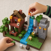 Child's hands building the Jungle Tribe magnetic cube set