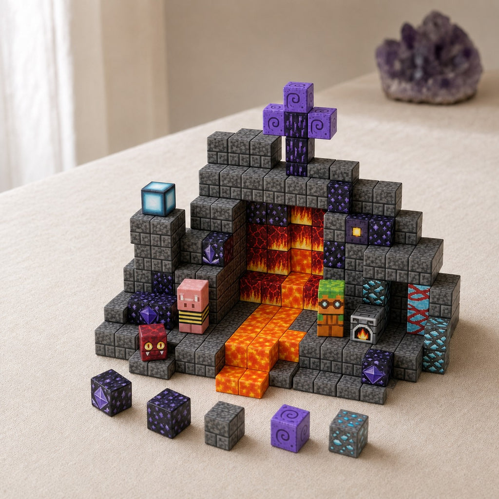 Lava Cave magnetic building cubes, 100 cubes set built on a table