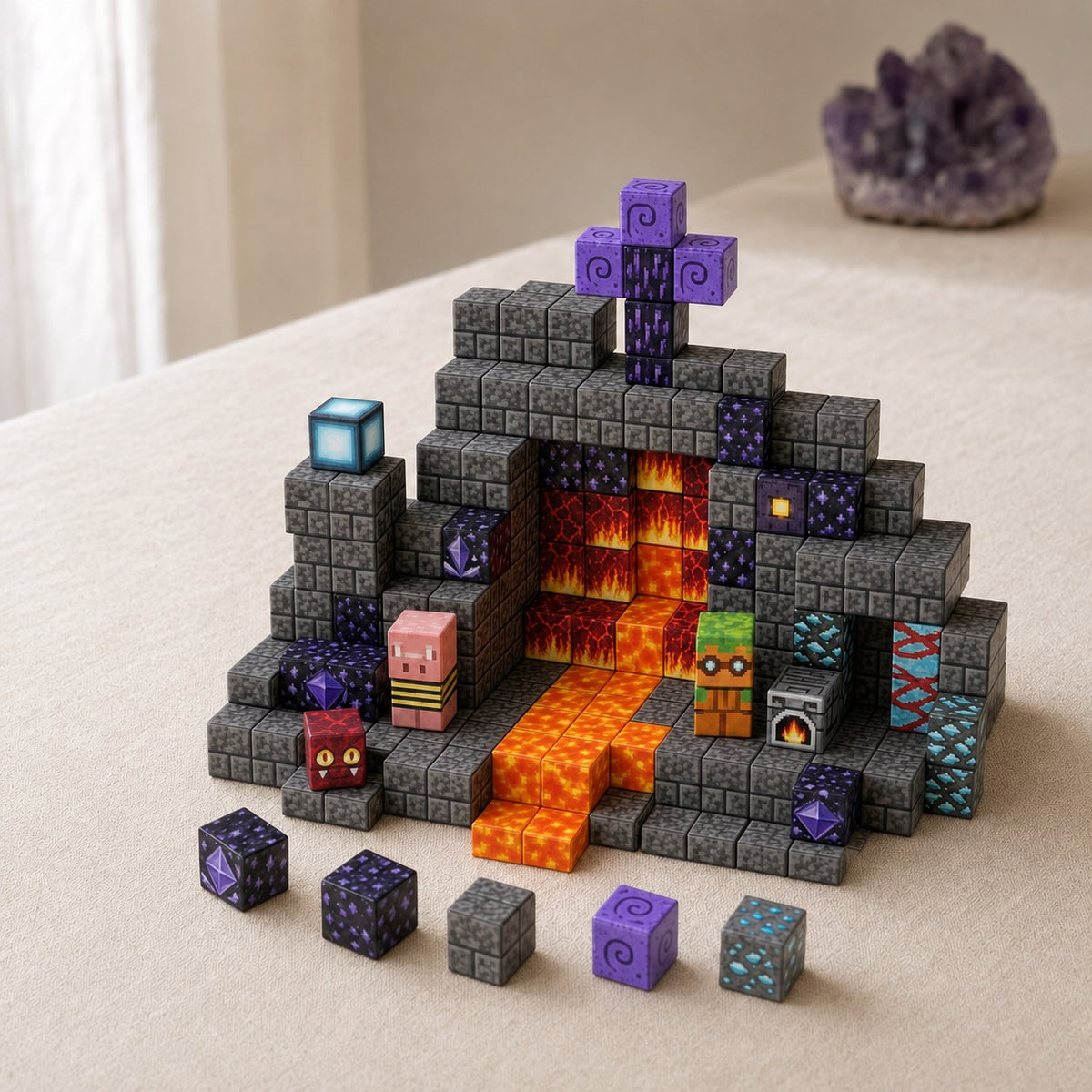 Lava Cave magnetic building cubes, 100 cubes set built on a table