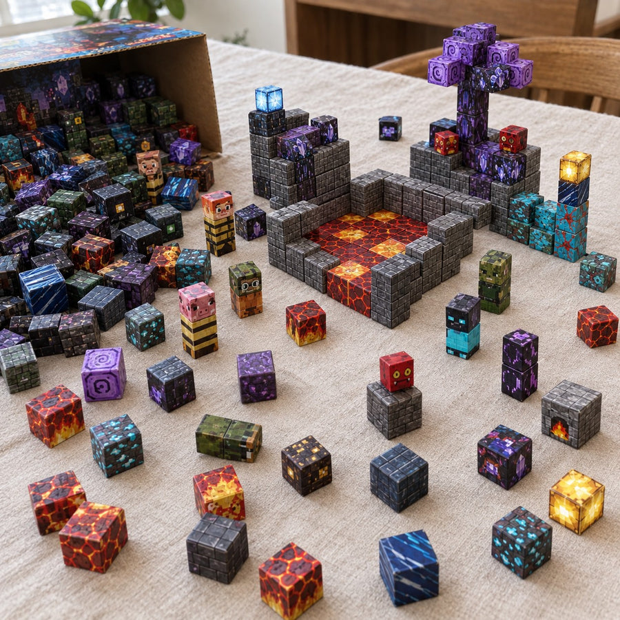 Lava Cave magnetic cubes spread on the table, build in progress