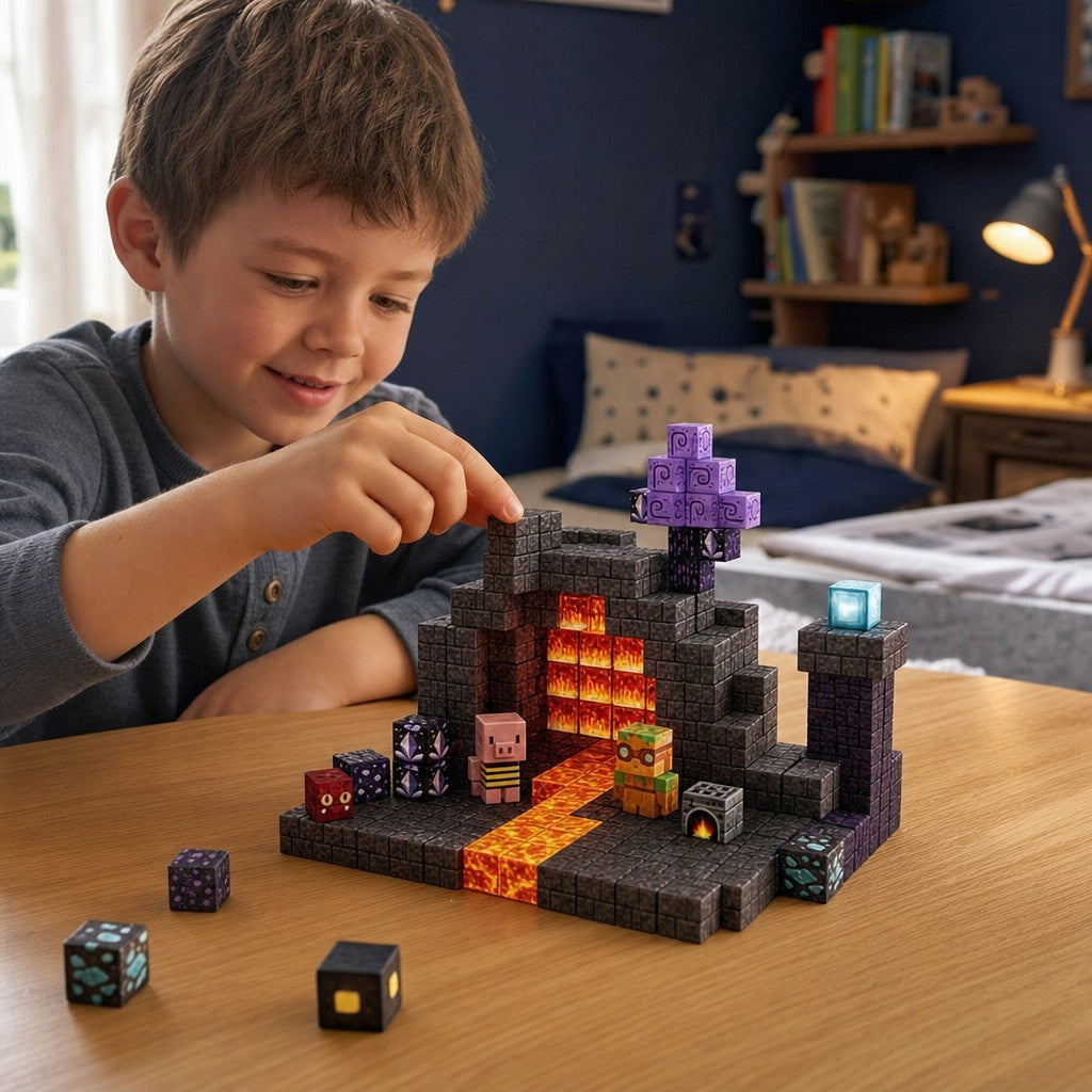 Child building the Lava Cave set with magnetic cubes