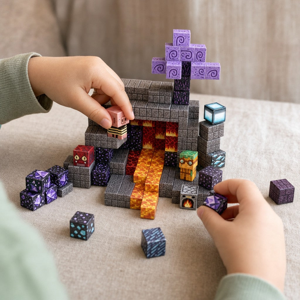 Child's hands building the Lava Cave magnetic cube set