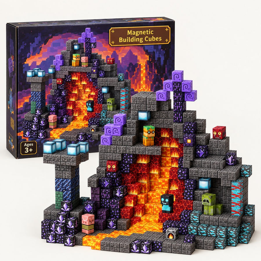 Lava Cave magnetic building cubes set with its box