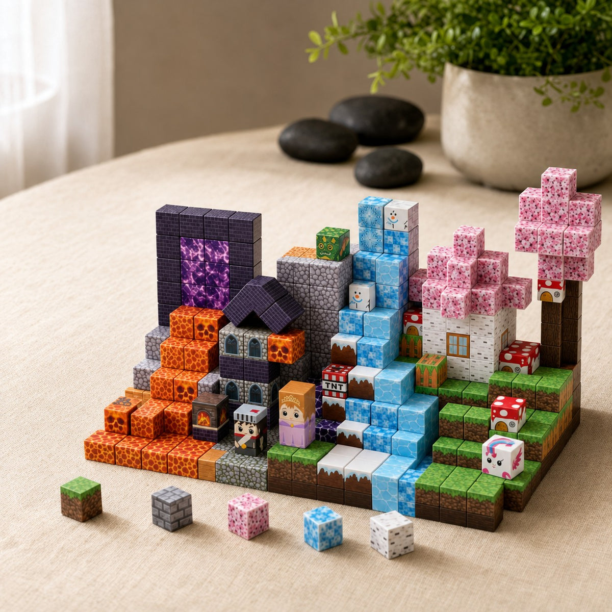 Lava Forest magnetic building cubes, 150 cubes set built on a table