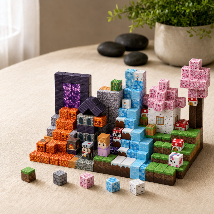 Lava Forest magnetic building cubes, 150 cubes set built on a table
