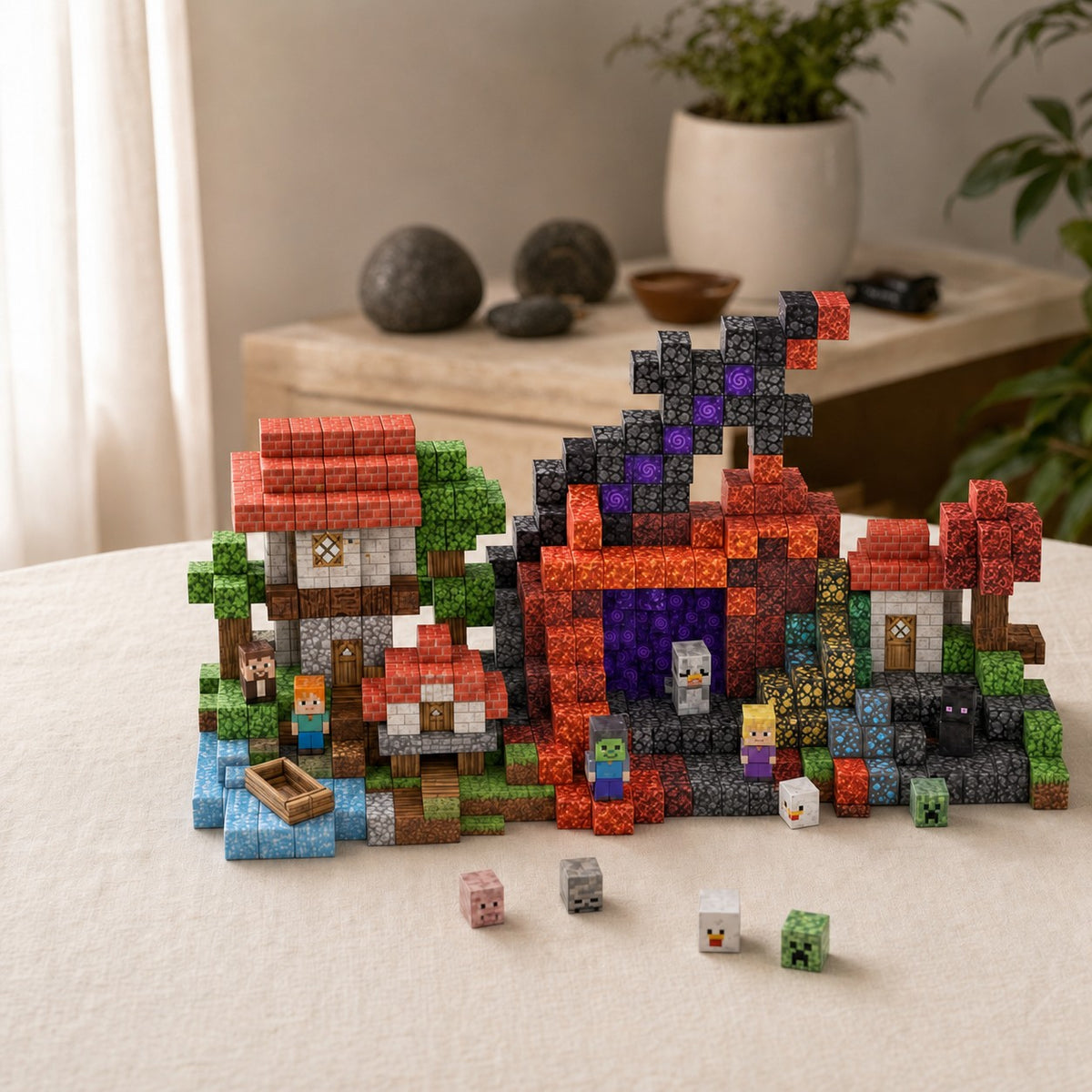 Lava Forest magnetic building cubes, 500 cubes set built on a table