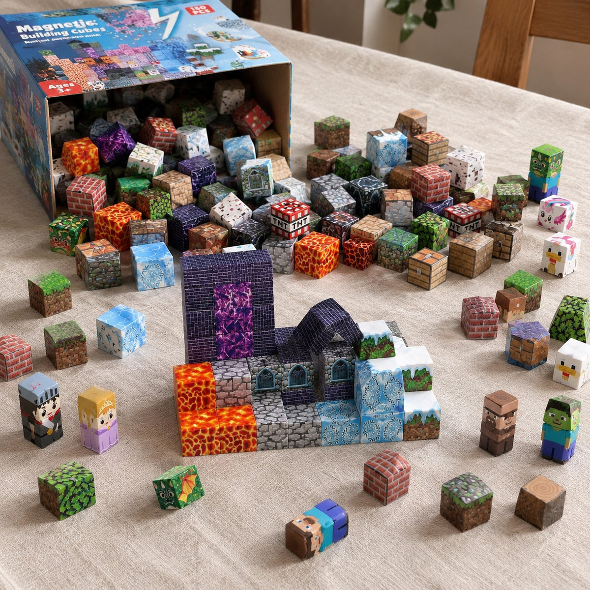 Lava Forest magnetic cubes spread on the table, build in progress
