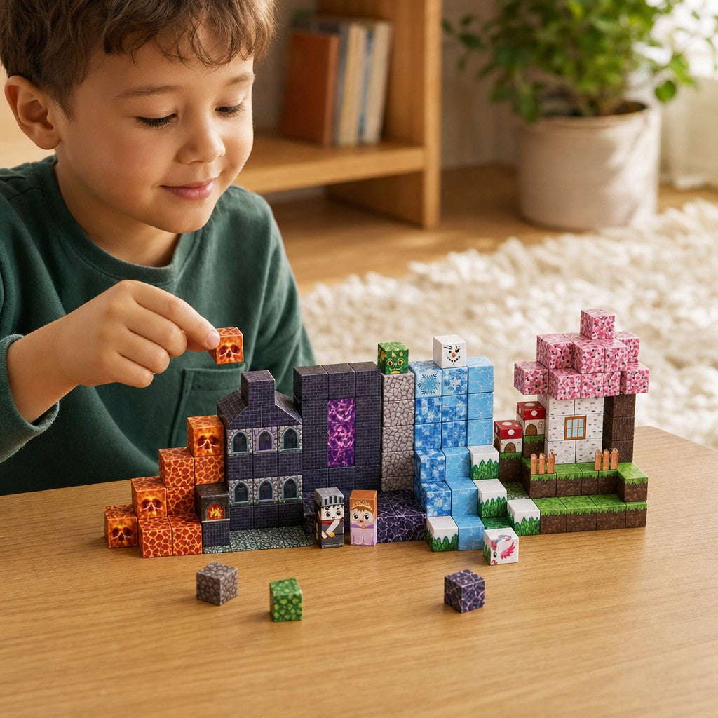 Child building the Lava Forest set with magnetic cubes