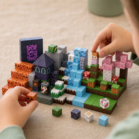 Child's hands building the Lava Forest magnetic cube set