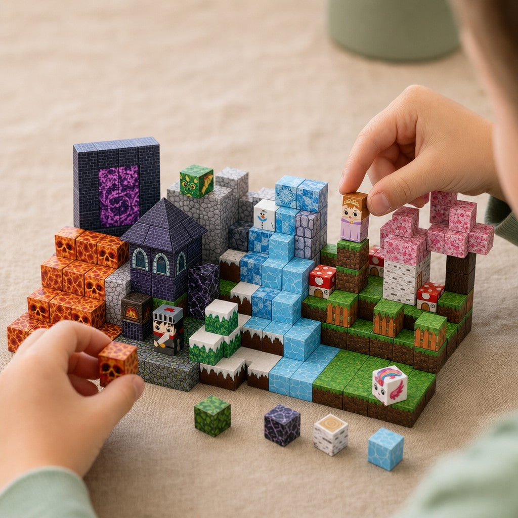 Child's hands building the Lava Forest magnetic cube set
