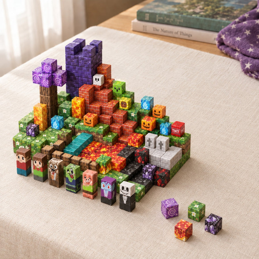 Magic World magnetic building cubes, 150 cubes set built on a table