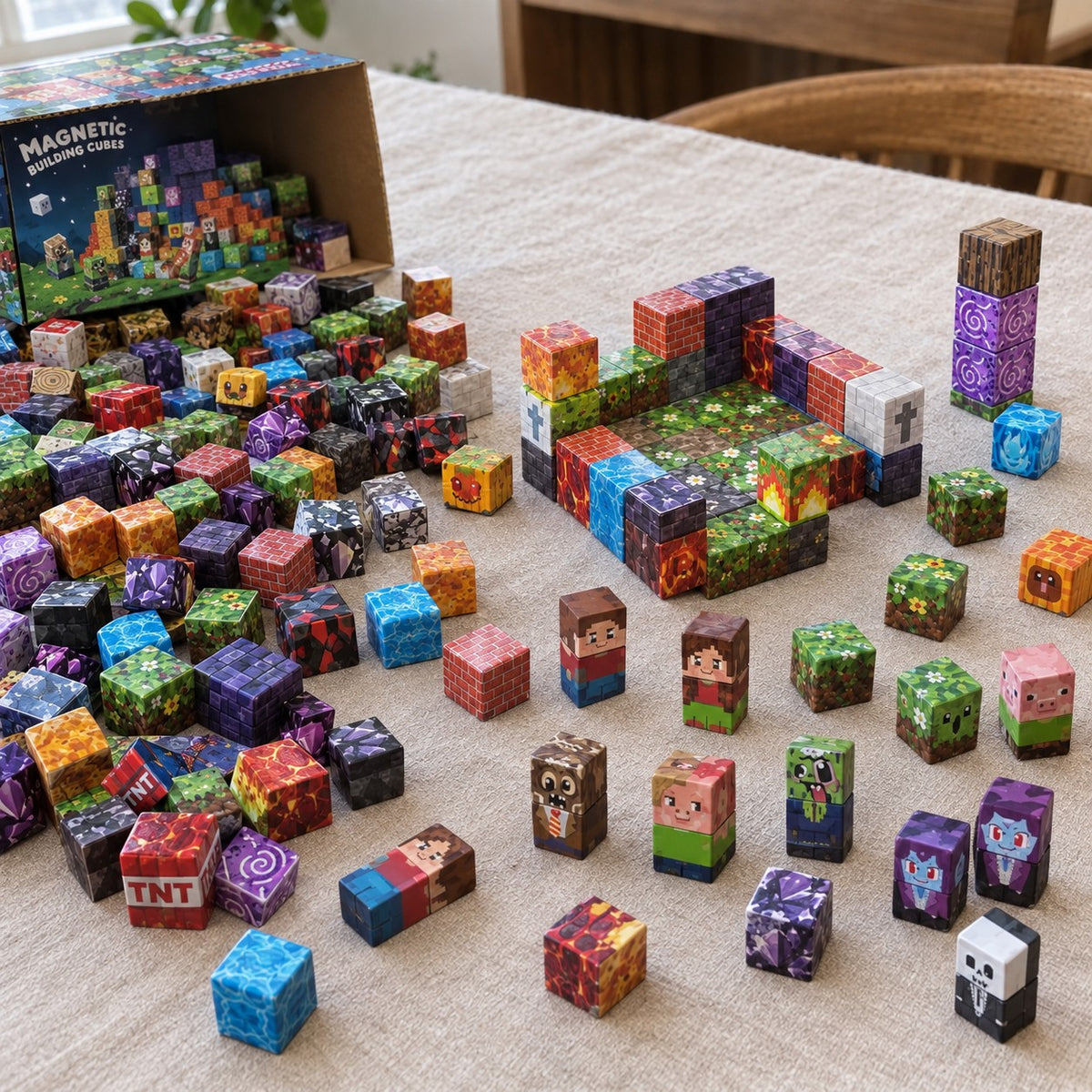 Magic World magnetic cubes spread on the table, build in progress