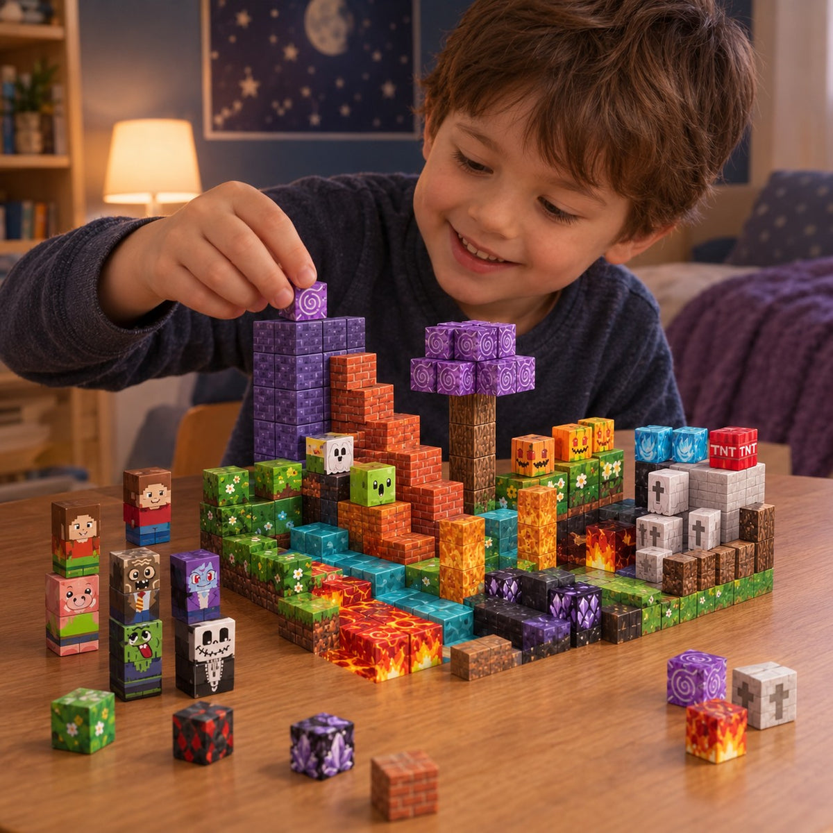 Child building the Magic World set with magnetic cubes