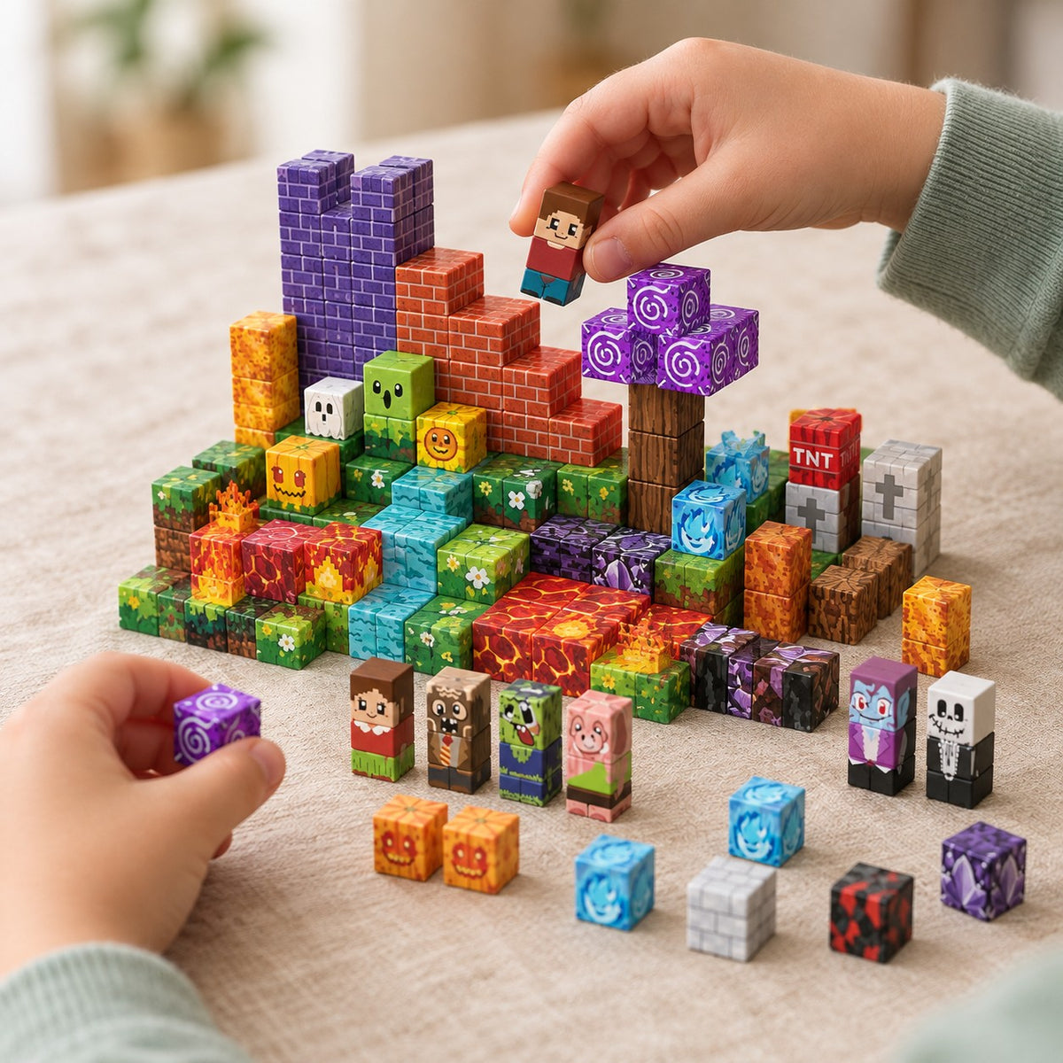 Child's hands building the Magic World magnetic cube set