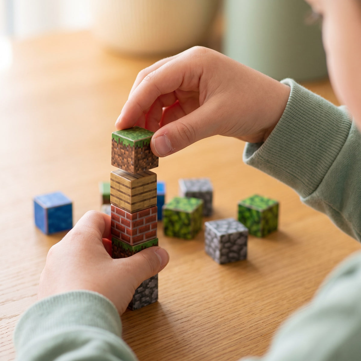 Child placing a 2 cm magnetic cube on a stack